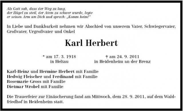 Herbert Karl 1918-2011 Todesanzeige